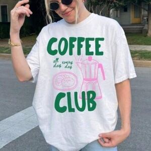 Coffee Club Graphic Tee in White with Green and Pink